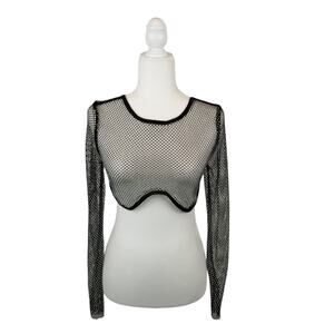Shein Women's Rhinestone Mesh Long Sleeve Crop Top Black Size Medium